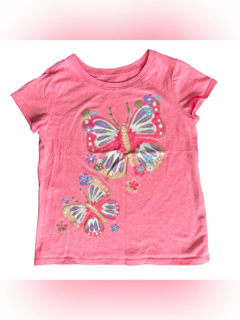 Children's place 4T girls butterfly  pink short sleeve graphic glitter shirt